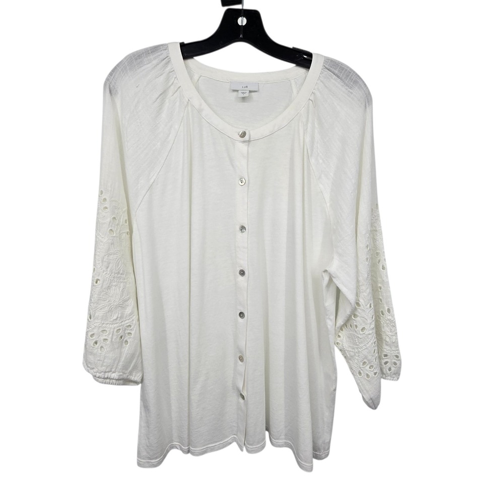 J Jill Scoop Neck Embroidery Sleeve Top Women LG White Eyelet Tencel Cotton Boho